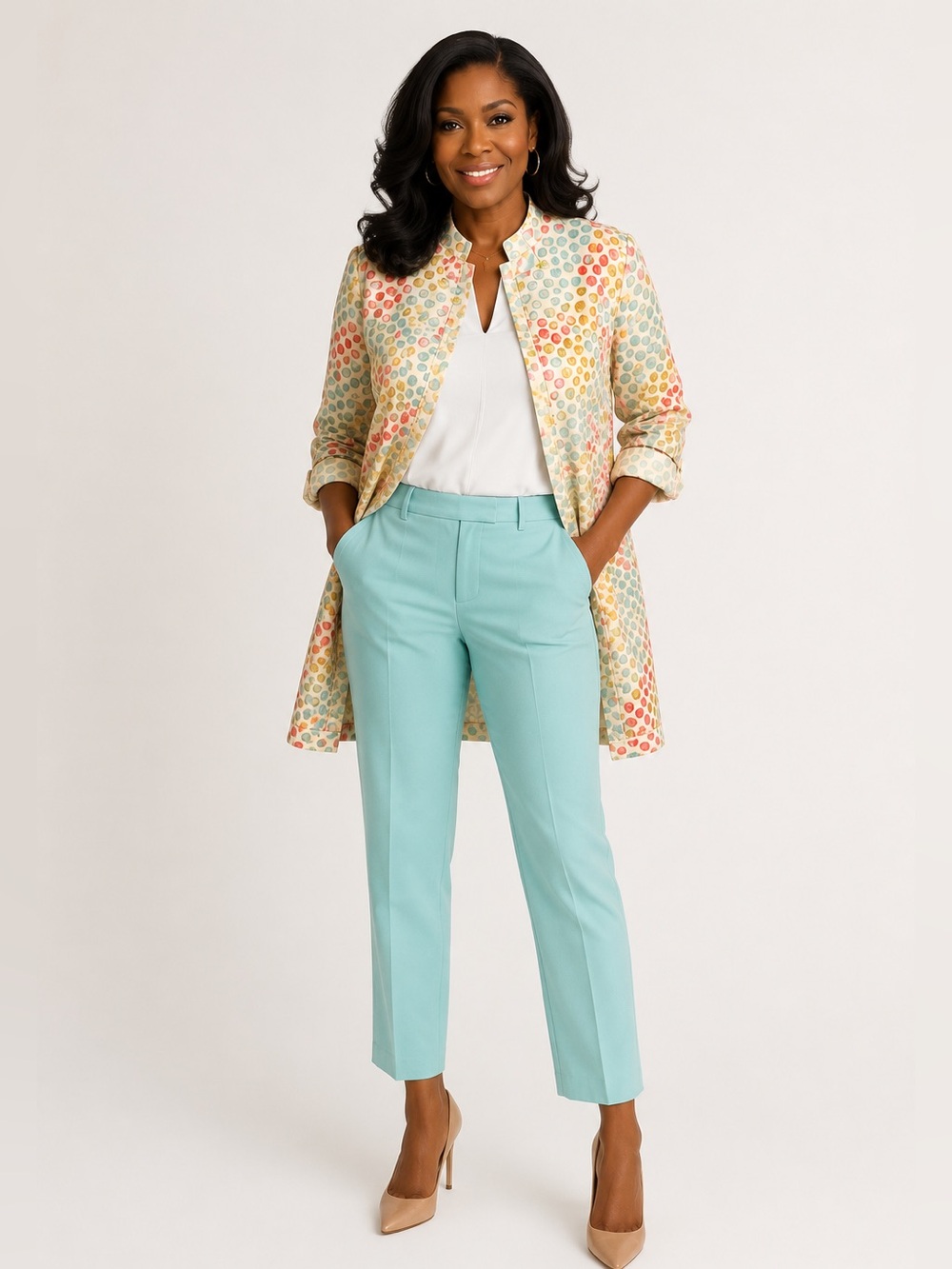 Worth Pastel Polka Dot Trench Coat with Mint Accents